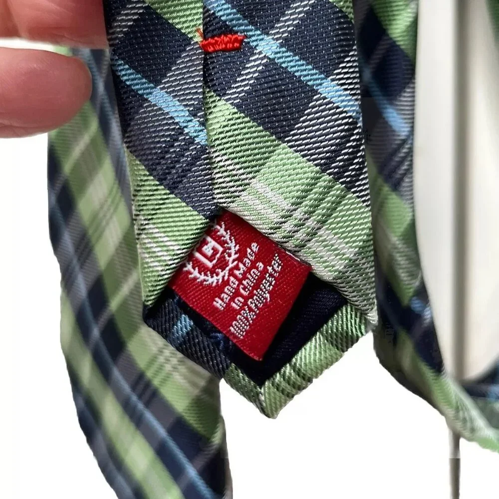 Chaps Boys Necktie Leaf Green Dark Light Blue White Plaid Tie 2.5